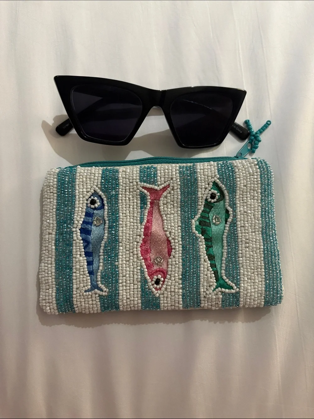 Beaded Fish Stripe Clutch - White with Teal, Pink & Blue Fish